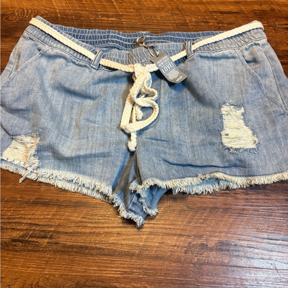 Aerie Jean Shorts Denim Chambray Elastic Waist Frayed Fringe  Distress Large NWT